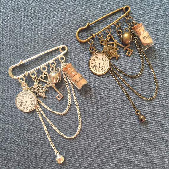 Alice in Wonderland Brooch, steampunk jewelry, Alice in Wonderland Jewelry, fantasy jewelry, steampunk brooch, clock brooch, charm brooch by GallaghersBoutique steampunk buy now online