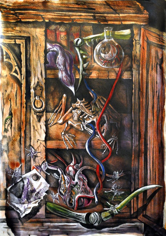 Gothic steampunk heart drawing. Alchemist room. Dark art. Surrealism fantasy original art. Halloween wall art. Halloween gift ideas by DarkVioletWitch steampunk buy now online