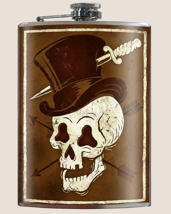 Skull Hat- top hat dagger wedding birthday gift - 8oz Stainless Steel Flask - comes in a GIFT BOX - by Trixie & Milo by trixieandmilo steampunk buy now online