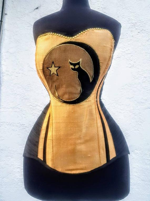 Spooky kitty Edwardian olde gold silk Halloween corset costume by LaBelleFairy steampunk buy now online