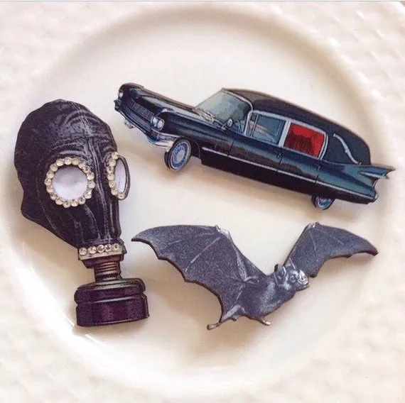 Ultimate Creepy Brooch Trio, Bat, Hearse, Vintage Gas Mask, Gothic, Macabre, Rockabilly, Pinup, Steampunk, Halloween, Horror by AbbiesAnchor steampunk buy now online