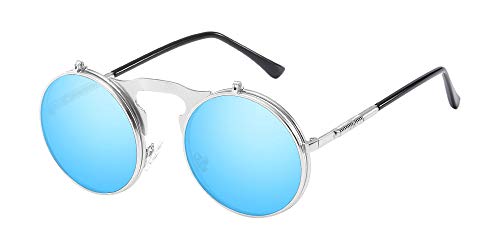 BOZEVON Flip up Round Sunglasses - Metal Steampunk Retro Circle Eyewear for Men &amp; Women Silver Blue steampunk buy now online