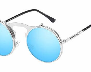 BOZEVON Flip up Round Sunglasses - Metal Steampunk Retro Circle Eyewear for Men & Women Silver Blue steampunk buy now online