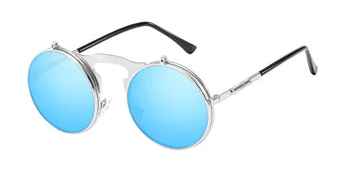 BOZEVON Flip up Round Sunglasses - Metal Steampunk Retro Circle Eyewear for Men & Women Silver Blue steampunk buy now online