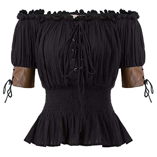 Belle Poque Women's Steampunk Off Shoulder Leather Cuffs Trim Blouse Tops Black Size M steampunk buy now online Belle Poque Women's Steampunk Off Shoulder Leather Cuffs Trim Blouse Tops Black Size M steampunk buy now online