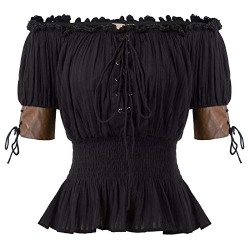 Belle Poque Women's Steampunk Off Shoulder Leather Cuffs Trim Blouse Tops Black Size M steampunk buy now online