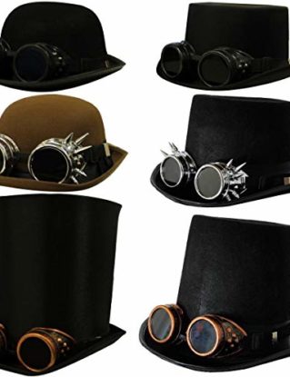STEAMPUNK VICTORIAN BLACK BOWLER HAT WITH SILVER SPIKED GOGGLES - PERFECT STEAMPUNK FANCY DRESS ACCESSORY steampunk buy now online