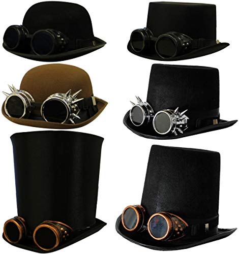 STEAMPUNK VICTORIAN BLACK BOWLER HAT WITH SILVER SPIKED GOGGLES - PERFECT STEAMPUNK FANCY DRESS ACCESSORY steampunk buy now online