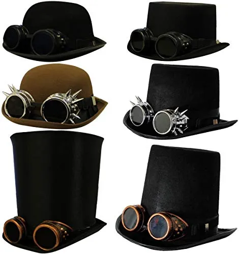 STEAMPUNK VICTORIAN BLACK BOWLER HAT WITH SILVER SPIKED GOGGLES - PERFECT STEAMPUNK FANCY DRESS ACCESSORY steampunk buy now online