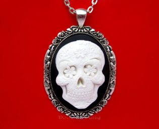 Beautiful 3/D Ivory Color on Black SUGAR SKULL Cameo Costume Jewelry Shiny Silvertone Pendant Necklace & 24 Inch Chain Birthday Gift by Doolittledaisy steampunk buy now online