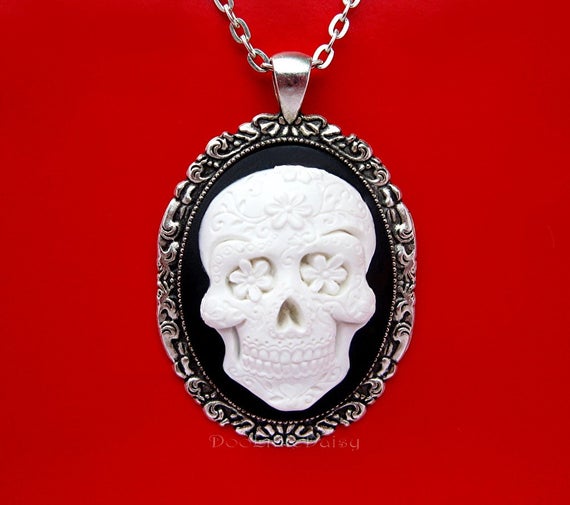 Beautiful 3/D Ivory Color on Black SUGAR SKULL Cameo Costume Jewelry Shiny Silvertone Pendant Necklace & 24 Inch Chain Birthday Gift by Doolittledaisy steampunk buy now online