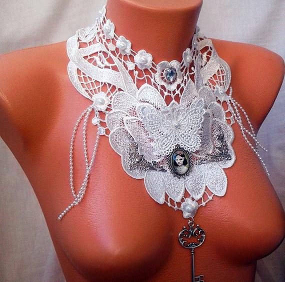 Christmas Gift! White Lace Choker Necklace ( choker Collar ) Steampunk Choker Medieval Geek Rustic Choker Jewelry Fantasy Choker dt1 by FairyGiftsShop steampunk buy now online