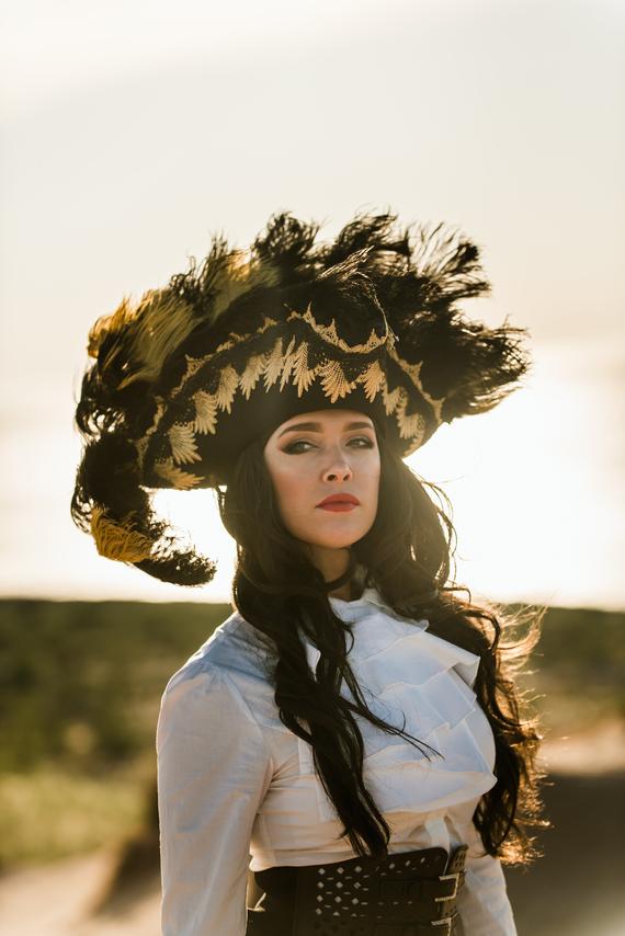 Gothic steampunk gold & black tricorn pirate queen’s hat by Blackpin steampunk buy now online