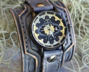 Men's Steampunk Leather Wrist Watch, Skeleton watch, Leather Cuff Watch, Bracelet Watch, Gray Leather watch band, 3rd Anniversary gift by CuckooNestArtStudio steampunk buy now online