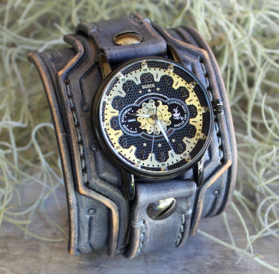 Men's Steampunk Leather Wrist Watch, Skeleton watch, Leather Cuff Watch, Bracelet Watch, Gray Leather watch band, 3rd Anniversary gift by CuckooNestArtStudio steampunk buy now online