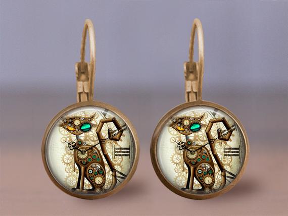 Steampunk Cat Clock Earrings, Lever back Cat Earrings, Cat Lover Gift, Steampunk Lover Gift, Steampunk Earrings, Fantasy Earrings by horatiomcgillicuddy steampunk buy now online