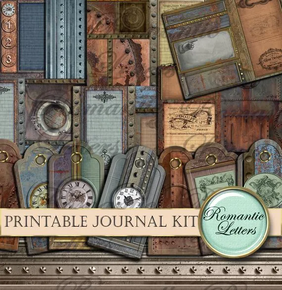Steampunk printable junk journal kit digital scrapbook printable paper A4 printable mini album, steampunk printable journal tag craft paper by RomanticLetters steampunk buy now online
