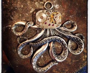 Upcycled steampunk Octopus pendant made ftom vintage watch mechanisms by Upcyclejewelleryco steampunk buy now online