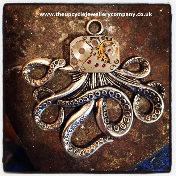 Upcycled steampunk Octopus pendant made ftom vintage watch mechanisms by Upcyclejewelleryco steampunk buy now online