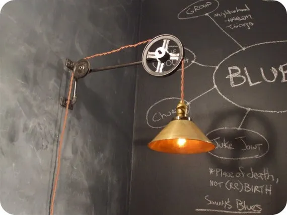 Vintage Industrial Pulley Light - Brass Cone Shade - Industrial Pulley Lamp - Wall Mount Light - Steampunk Sconce - Industrial Lighting by DWVintage steampunk buy now online