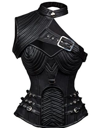 Charmian Women's Steampunk Gothic Heavy Strong Steel Boned One-Shoulder Faux Leather Spiral Stripe Shape Zipper Corset Black XX-Large steampunk buy now online