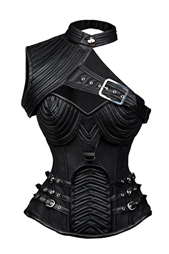 Charmian Women's Steampunk Gothic Heavy Strong Steel Boned One-Shoulder Faux Leather Spiral Stripe Shape Zipper Corset Black XX-Large steampunk buy now online