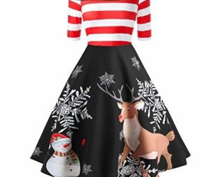 Auifor Women Christmas Dresses New Off Shoulder Lovely Elk and Stripes Print Casual Party Flare Dress Daily Festival Costume Winter Xmas Clothing(Black,S) steampunk buy now online