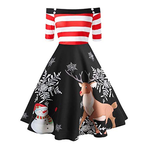 Auifor Women Christmas Dresses New Off Shoulder Lovely Elk and Stripes Print Casual Party Flare Dress Daily Festival Costume Winter Xmas Clothing(Black,S) steampunk buy now online