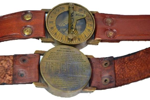 Antique Brass Compass Sundial Wrist Watch - Antique Steampunk Wrist Brass Compass Sundial Watch With Leather Strap Sundial Christmas Gift by VintageInventico steampunk buy now online