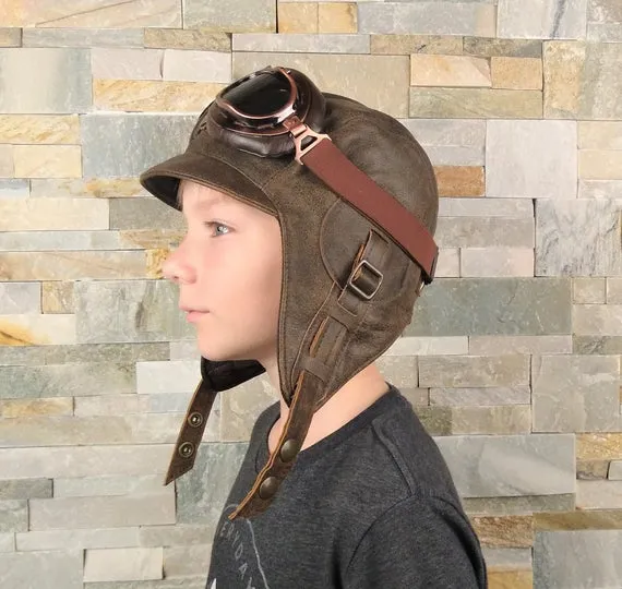 Kids Aviator Hat, Pilot Costume and goggles, Steampunk Hat for Children, real brown leather, for boy and girl, CA2 by CoteCuir steampunk buy now online