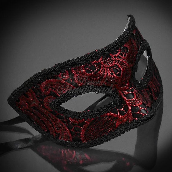 Men's black mask, red macrame lace, red and black, masquerade mask, masquerade ball mask, mens mask, men mask, black mask for men, unisex by 4everstore steampunk buy now online