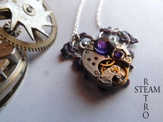 Purple Heart Steampunk Necklace - Steampunk Jewelry - Heart Necklace - Steampunk Jewellery by Steamretro - Christmas gift by SteamRetro steampunk buy now online