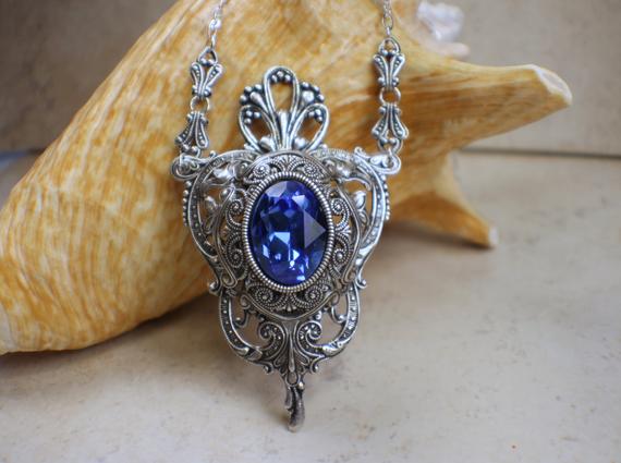 Sapphire Pendant, Gothic Crystal Necklace, Baroque Style Necklace, Wedding Pendant, Victorian Wedding Necklace, Renaissance Pendant by Charsfavoritethings steampunk buy now online