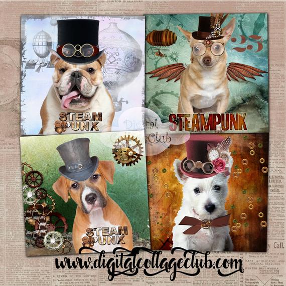 Steampunk Art Dog Digital Collage Sheet Images for Cardmaking, Coasters Large Image Background Scrapbooking Decoupage Journaling by DigitalCollageClub steampunk buy now online