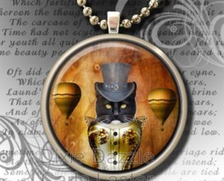 Steampunk cat art pendant necklace, hot air balloon with rolo style chain necklace, altered art image, art pendant, cat jewelry by DixieDazzleToo steampunk buy now online