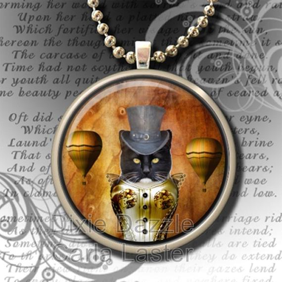 Steampunk cat art pendant necklace, hot air balloon with rolo style chain necklace, altered art image, art pendant, cat jewelry by DixieDazzleToo steampunk buy now online