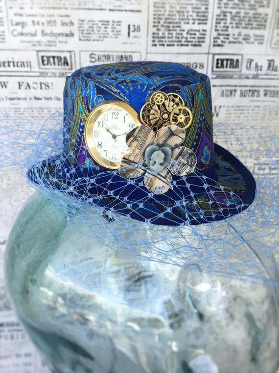 Steampunk Mini Top Hat Fascinator - Peacock with Embellishments and Bird Cage Netting by ArcaniumDesign steampunk buy now online