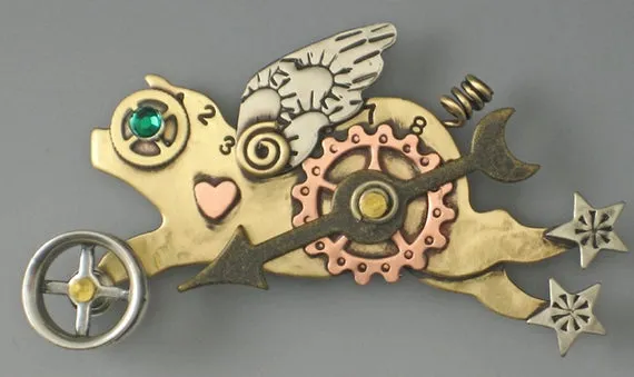 Steampunk Pig, Steampunk Jewelry, Pig Jewelry, Pig Necklace, Pig Pin, Flying Pig Pin, Steampunk inspired jewelry - RP0306 by riverpathstudio steampunk buy now online