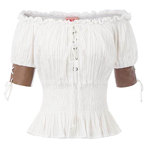 Belle Poque Women's Elastic Off Shoulder Lace-Up Front Smocked Waist Tops White Size S steampunk buy now online