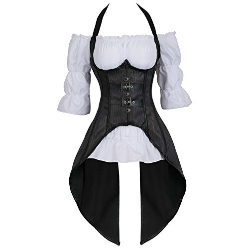 Grebrafan Halter Neck Corset 2 Piece Outfits for Women Underbust and White Blouse Set (UK(14-16) 2XL, Black) steampunk buy now online