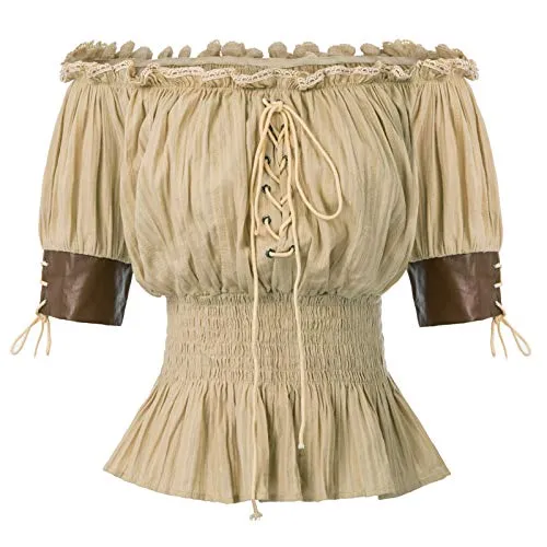 Belle Poque Women's Vintage Half Sleeve Off Shoulder Lace-Up Steampunk Tops Khaki Size XXL steampunk buy now online Belle Poque Women's Vintage Half Sleeve Off Shoulder Lace-Up Steampunk Tops Khaki Size XXL steampunk buy now online