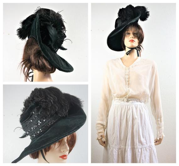 Antique Edwardian Silk Velvet Plumed WIDE BRIM Hat A+ Condition - 1800's Fur Feather Hat -Cloche' Hat - Steampunk Cosplay Antique Hat by HippieVintageGirl steampunk buy now online