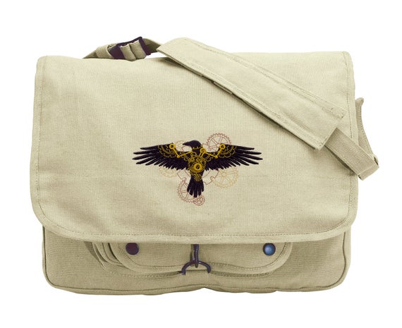 Clockwork Raven Embroidered Canvas Messenger Bag by JumpingJackalope steampunk buy now online
