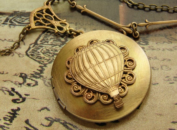 Hot air balloon locket Necklace - steampunk edwardian vintage locket necklace, long locket necklace, traveler adventurous by soradesigns steampunk buy now online