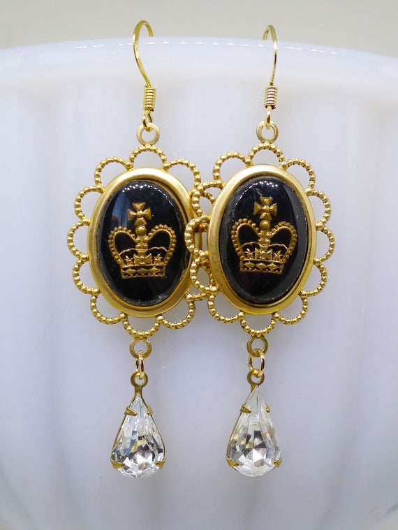 Royal Glamour // Back and Gold Crown Cameo Earrings w/ Vintage Crystal Drops 1940s Handpainted Intaglio Cameos Midcentury Gothic Pinup Deco by LaPlumeNoir steampunk buy now online