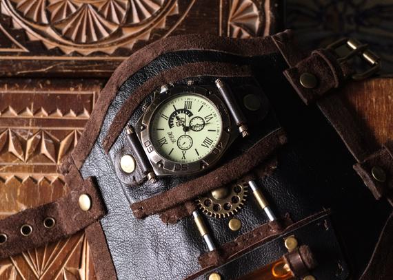 Steampunk cuff watch, Steampunk wristband, Steampunk bracelet, Leather bracelet for cosplay by LullisCraft steampunk buy now online