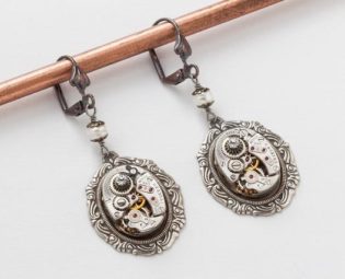Steampunk Earrings Vintage watch movements gear silver filigree pearl Swarovski crystal dangle drop earrings Wedding Gift Steampunk jewelry by steampunknation steampunk buy now online