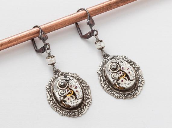 Steampunk Earrings Vintage watch movements gear silver filigree pearl Swarovski crystal dangle drop earrings Wedding Gift Steampunk jewelry by steampunknation steampunk buy now online