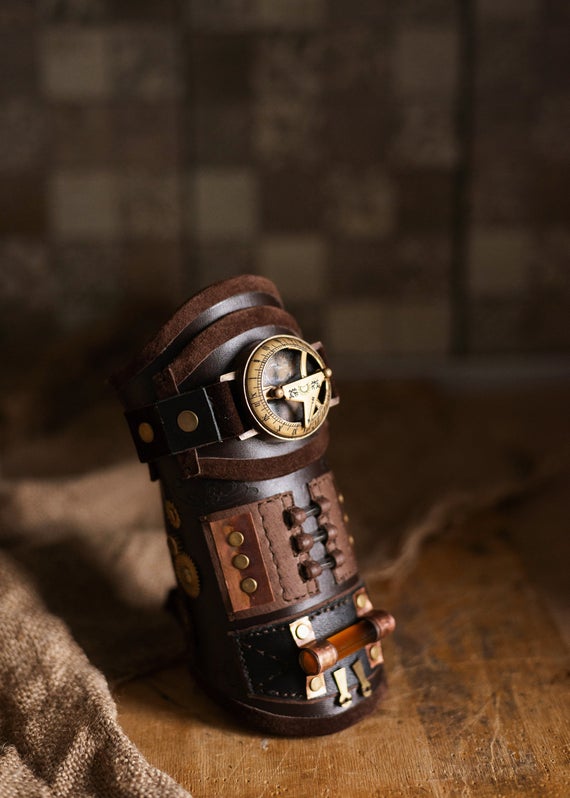 Steampunk leather bracelet with wrist compass, brown steampunk wristband, steampunk cuff, cosplay accessory by LullisCraft steampunk buy now online