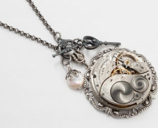 Steampunk Necklace with Vintage Elgin Pocket Watch Movement, Genuine Pearl, Silver Filigree & Skeleton Key Charm, Victorian Jewerly Gift by steampunknation steampunk buy now online